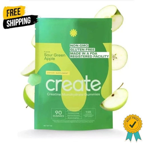 Create Creatine Monohydrate Gummies - Sour Green Apple - 90 Gummies | Non-GMO, Gluten-Free, Muscle Strength & Energy Support