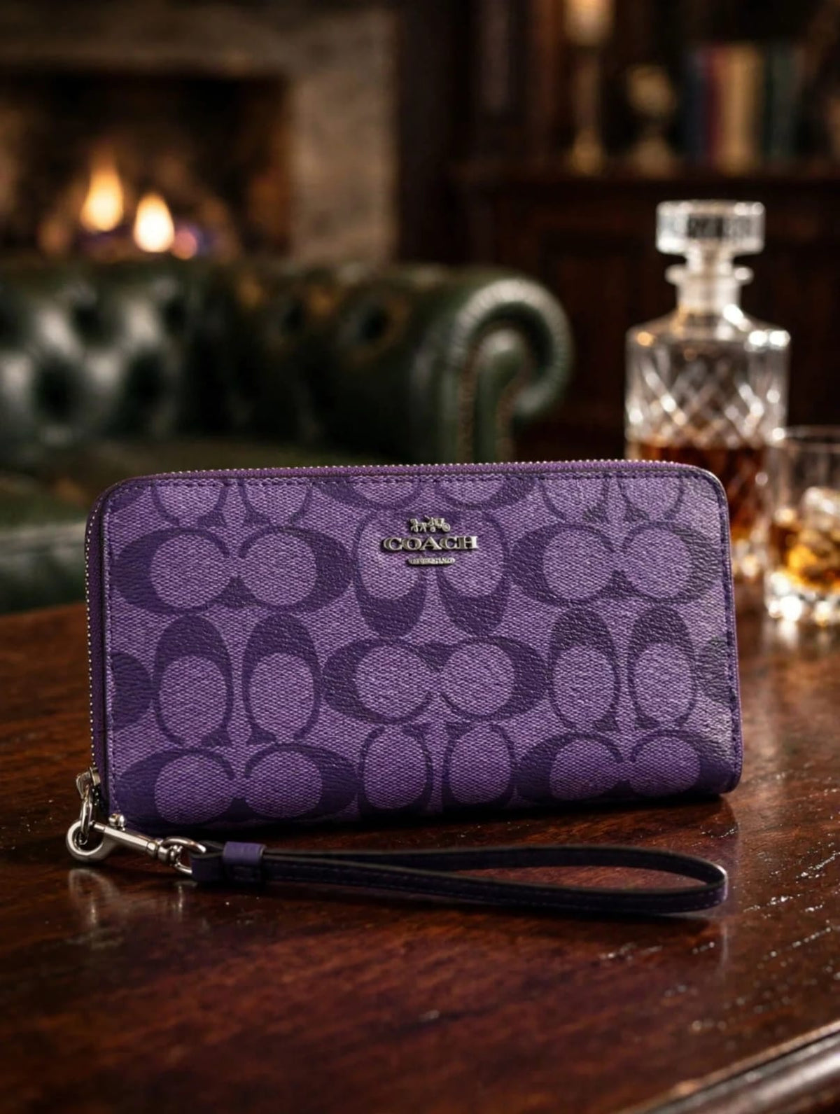 Coach Long Zip Around Wallet In Signature Canvas - Purple - With Wristlet Strap - Women's Luxury Wallet
