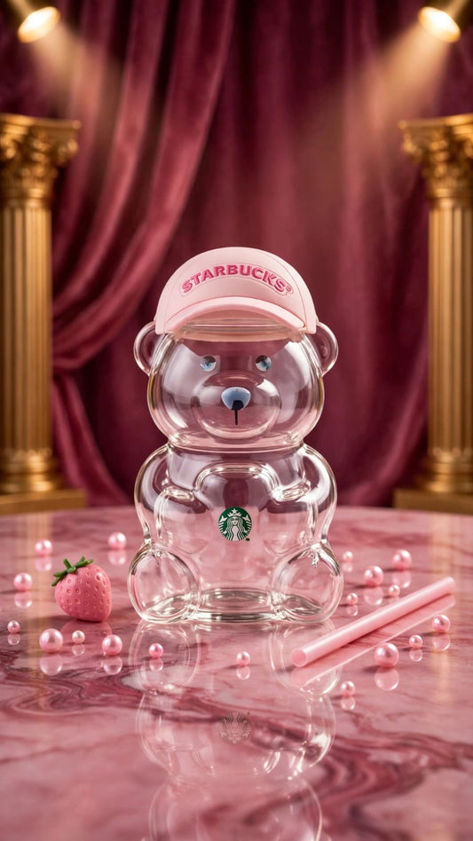 Starbucks Bearista Glass Cold Cup - Pink Cap Edition - Bear Shape Tumbler With Straw - Limited Collectible