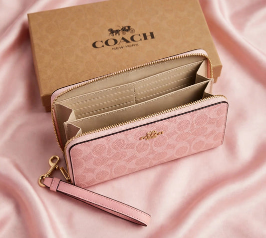 Coach Long Zip Around Wallet In Signature Canvas - Powder Pink - Wristlet Wallet For Women