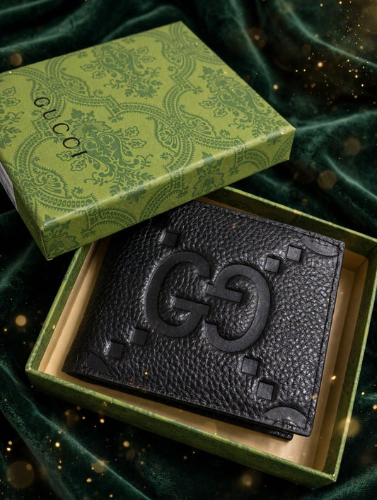 Gucci Jumbo GG Bifold Wallet - Black Embossed Leather - Maxi GG Logo - Men's Luxury Wallet