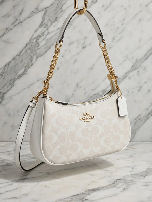 Coach Teri Shoulder Bag In Signature Canvas - Chalk White - Gold Chain Strap - Women's Luxury Shoulder Bag