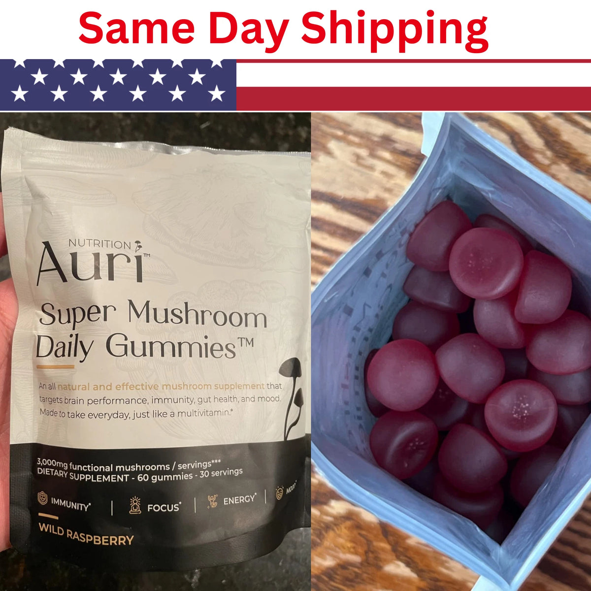 Auri Super Mushroom Daily Gummies, 12 Mushroom Blend with Chaga 60 Gummies EX25