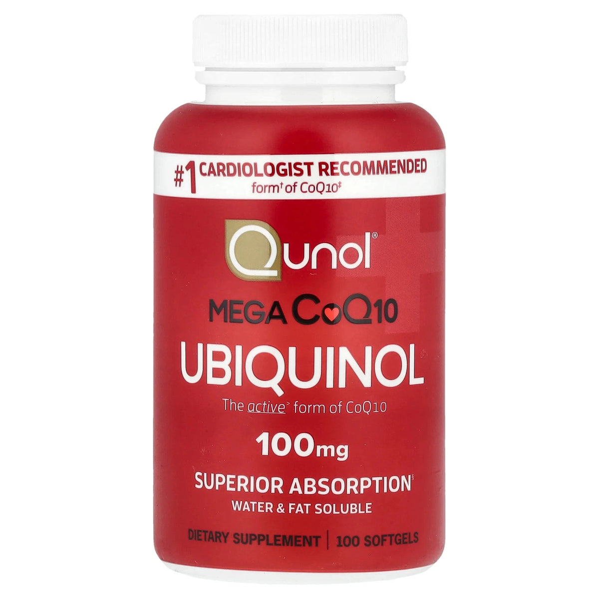 Qunol Mega CoQ10 Ubiquinol 100mg - Superior Absorption - Active Form of CoQ10 - #1 Cardiologist Recommended Form of CoQ10 - 100 Softgels